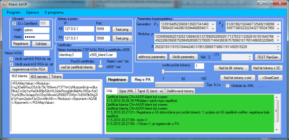 exportuje tokeny na čipovou kartu a vypisuje obsah čipové karty, ukládá a načítá pouţité parametry p, q, g 1 a g 2, logování a informování o průběhu komunikace. Na Obr.