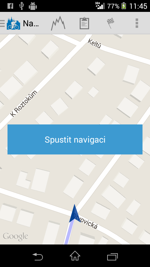 Navigace Obr. 5 - Navigace Hlavním prvkem navigační obrazovky [Obr. 5] je mapa, v našem případě je využito Google Map.