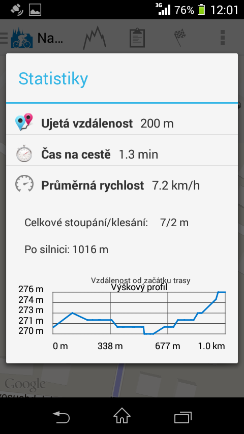 statistiky o ujeté trase ujetá vzdálenost, čas na cestě a průměrná rychlost [Obr. 7].