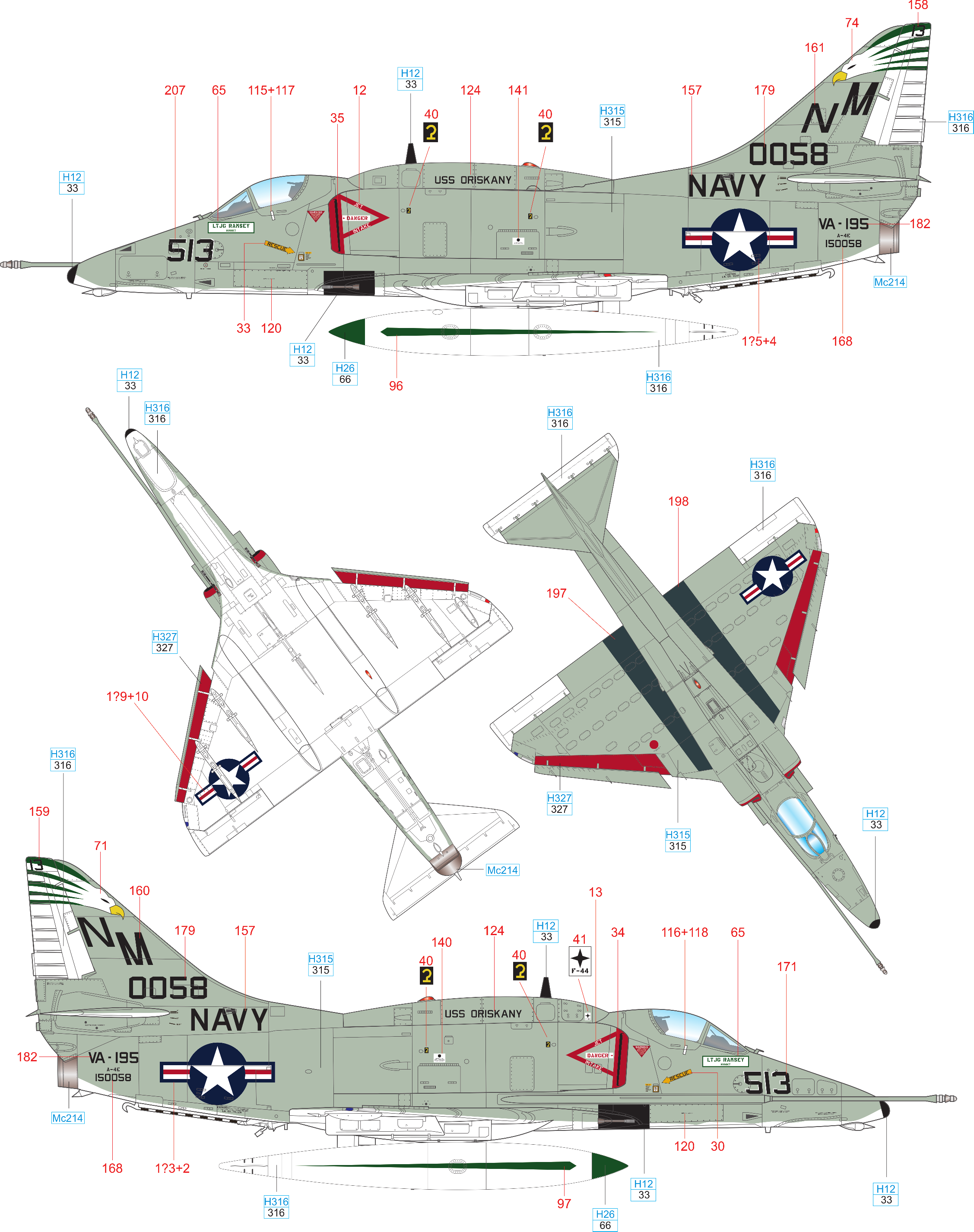 B A-4E 150058, VA-195 The Dambusters, USS Oriskany, 1969 Tato squadrona si vysloužila své bojové jméno během Korejské války, když se svými A-1 Skyraider podnikla úspěšný útok na přehradu Hwachon.