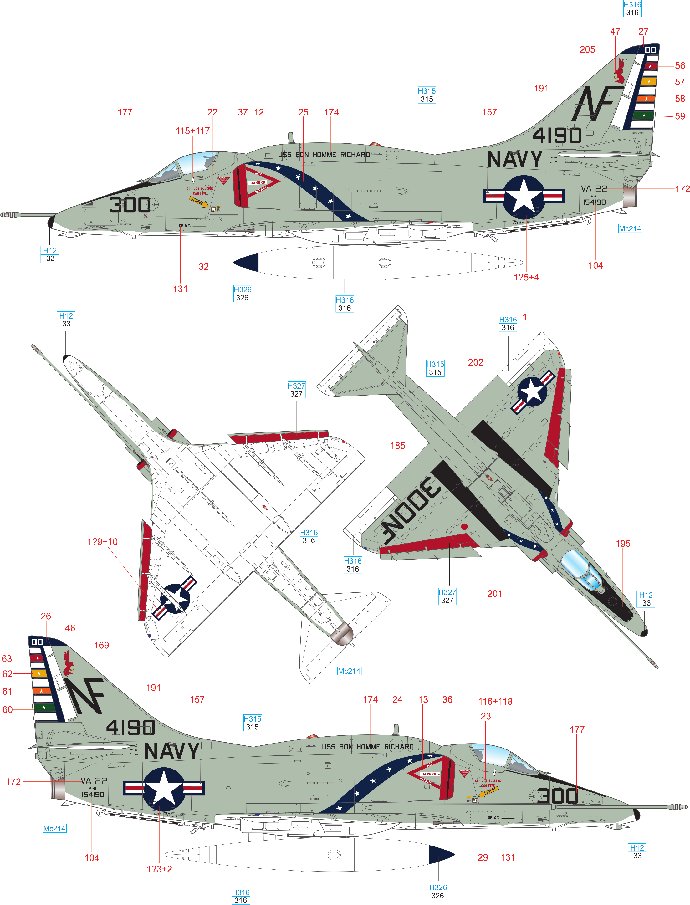 F A-4F 154190, VA-22 Fighting Redcocks, USS Homme Richard, 1970 VA-22 absolvovala ve Vietnamu se Skyhawky celkem čtyři bojové túry. Na A-7 Corsair II přezbrojila v roce 1971.