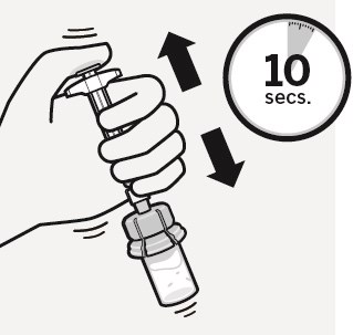 Krok 2 Rekonstituce mikrosfér Aplikace rozpouštědla Vstříkněte obsah injekční stříkačky s rozpouštědlem do lahvičky. Obsah lahvičky je nyní pod tlakem.