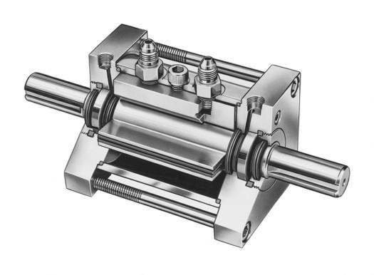 d) Hydraulický lamelový aktuátor Skládá se z jedné nebo dvou lamel připevněných k rotoru umístěnému v uzavřeném domku - statoru.