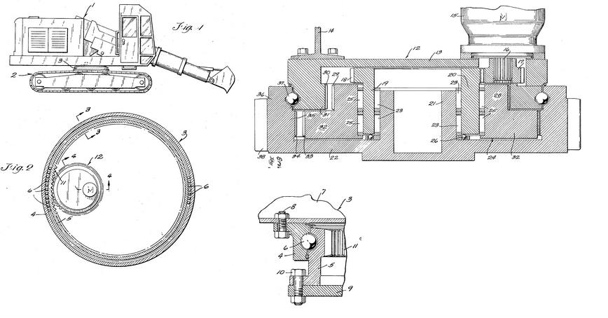 3) Název: Drive mechanism for a slew ring assembly (pohon otáčení valivé dráhy) Autor: Lorence Ervin W; Datum publikování: 1. 7.