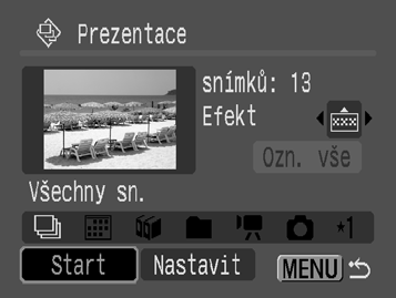 137 2 Vyberte metodu přehrávání. 1. Stiskněte tlačítko. 2. Pomocí tlačítka nebo vyberte typ prezentace.,, : Stisknutím tlačítka FUNC.