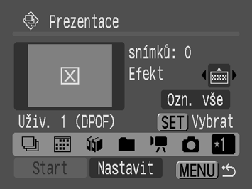 140 Výběr snímků pro přehrávání ( ) Vyberte pouze snímky, které chcete přehrát, a uložte je jako prezentaci (Uživ. nast. 1, 2, nebo 3). Vybrat lze maximálně 998 snímků.