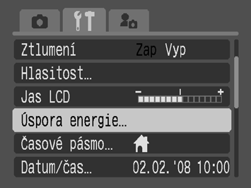 174 Konfigurace fotoaparátu Funkce úspory energie Tento fotoaparát je vybaven funkcí úspory energie, která automaticky vypne napájení nebo LCD monitor. Autom. vypnutí Vyp. zobraz.