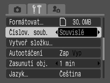 180 2 Proveďte nastavení. 1. Pomocí tlačítka nebo vyberte nastavení číslování souboru. 2. Stiskněte tlačítko.