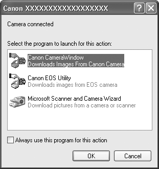 30 Načtení snímků do počítače Začínáme 4. Otevřete okno CameraWindow. Windows Vyberte položku [Canon CameraWindow] a klepněte na tlačítko [OK].