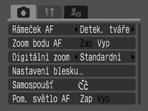 49 Nabídky Nahrávání, Přehrávání, Tisk, Nastavit a Můj fotoaparát (tlačítko ) Pomocí těchto nabídek lze provést vhodná nastavení pro fotografování, přehrávání nebo tisk.