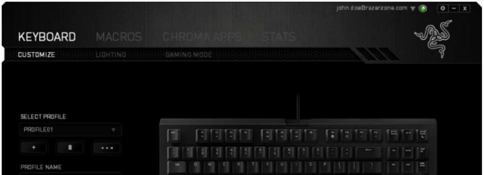 7. KONFIGURACE KLÁVESNICE RAZER BLACKWIDOW X TE CHROMA Právní upozornění: Abyste mohli využívat uvedené funkce, musíte se