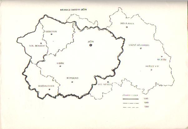 Příloha 4: Hranice okresu Jičín v letech 1945, 1949, 1960 PTÁČNÍK, F.