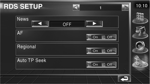 Nabídka Nastavení Nastavení RDS Lze nastavit související parametry RDS. Zobrazte obrazovku NASTAVENÍ RDS V nabídce NATAVENÍ se dotkněte položky [RDS SETUP] (strana 66).