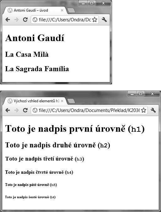 Kapitola 3 Tvorba nadpisů stránkách (viz výpis 3.3). Více si řekneme v následující části této kapitoly. Výpis 3.3. Pomocí nadpisů definujeme strukturu dokumentu.