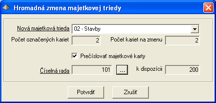 Hromadná zmena pre označené majetkové karty (označenie kariet cez kláves medzerovník), sa vykoná zmena: - majetková trieda - je potrebné vybrať novú majetkovú triedu do ktorej sa