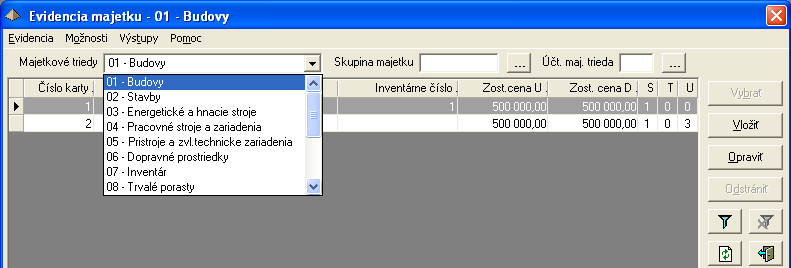 Na základe výberu majetkovej triedy, bude moţné v zozname majetku vidieť len majetok príslušnej majetkovej triedy.