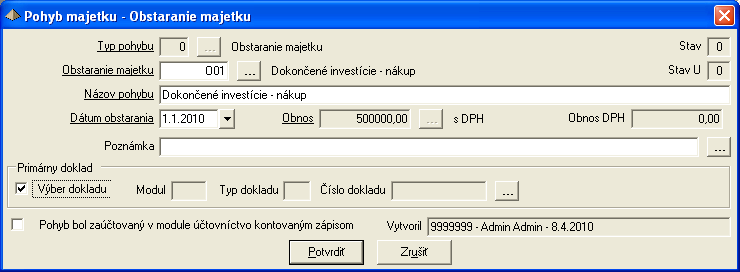 Detail formulára Napríklad: Obstaranie majetku Typ pohybu výber z číselníka, v prípade pohybu obstaranie majetku, musí nasledovať