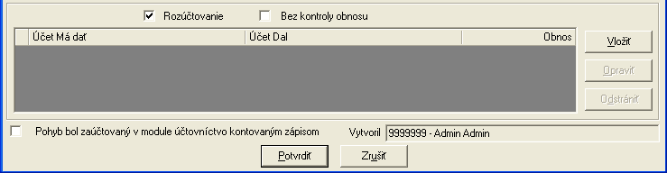 Účet MD a DAL výber z účtovného rozvrhu, prípadne z predkontácie, podľa nastavení v module majetok, podľa nastavených účtov sa bude príslušný pohyb zaúčtovávať.