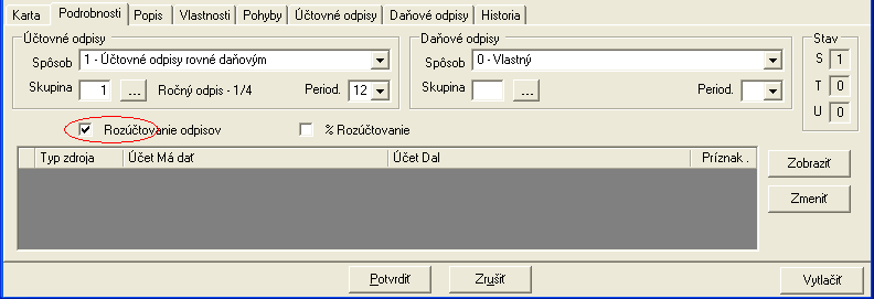 Táto moţnosť je prístupná pri zaškrtnutí poľa rozúčtovanie odpisov na záloţke podrobnosti a zároveň pole %rozúčtovania nie je zaškrtnuté.