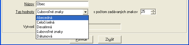 Kód - ľubovoľný, zadáva pouţívateľ. Moţno zadať 1 aţ 20 znakov. Názov úloţného miesta - ľubovoľný, zadáva pouţívateľ. Moţno zadať 1 aţ 20 znakov. Typ hodnoty výber z rozbaľovacieho zoznamu určuje typ vypĺňaných údajov príslušného atribútu v majetkovej karte, napr.