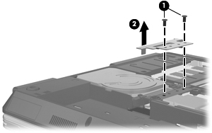 10. Vyjměte konzolu pro upevnění pevného disku (2). 11. Uchopte západku jednotky pevného disku a zatáhněte nahoru (1), dokud nebude pevný disk v úhlu 45 stupňů. 12.