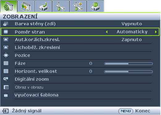 Používání nabídek Tento projektor umo ňuje provádět různá přizpůsobení a nastavení pomocí nabídek na projekční ploše (OSD).