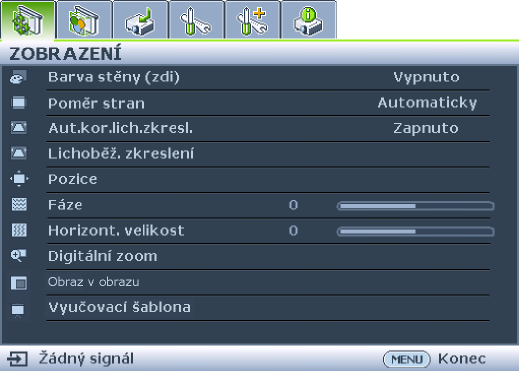 Ikona hlavní nabídky Hlavní nabídka Označená poloka Vedlejší nabídka Aktuální vstupní signál Stav Pro návrat na předchozí stránku nebo pro