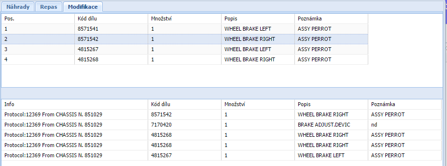Náhrady, repasy, modifikace Po vybrání dílu se pod seznamem dílů objeví informace o možných náhradách, repasích či