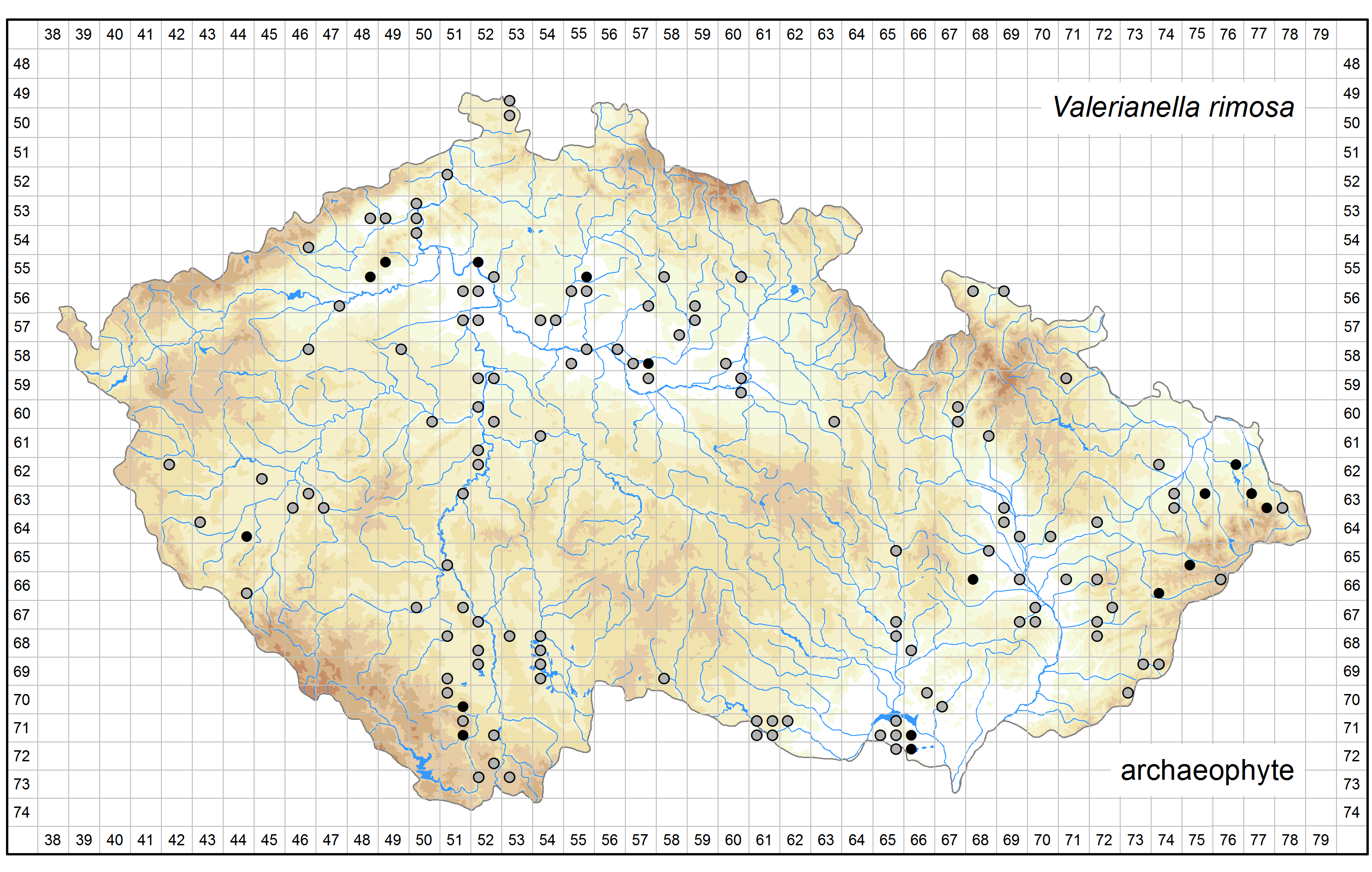 Distribution of Valerianella rimosa in the Czech Republic Author of the map: Jiří Danihelka, Zdeněk Kaplan Map produced on: 07-11-2016 Database records used for producing the distribution map of