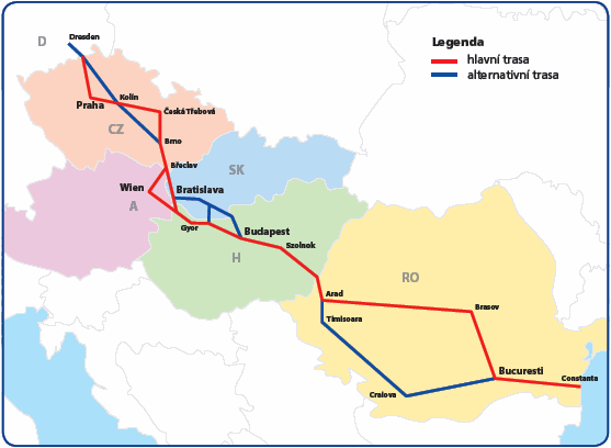 Koridor E V rámci první výzvy pro spolufinancování projektů z fondu TEN- T uspěly ČR a Rakousko V současné době se připravuje