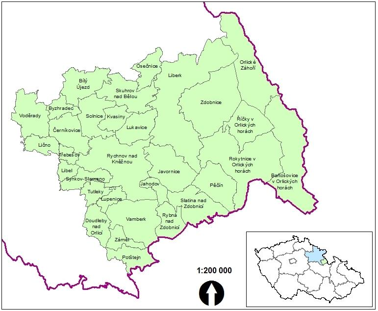 2. ÚZEMÍ MAS Zájmové území Místní akční skupiny Sdružení SPLAV se nachází ve střední a jižní části okresu Rychnov nad Kněžnou a zaujímá většinu jeho území.