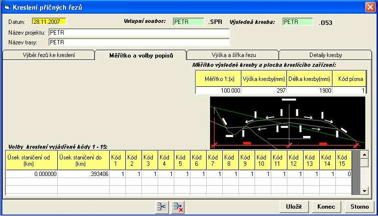 63 Slika 29: Izbira parametrov izrisa prečnih profilov Enako velja tudi za podolžni profil in hmotnico. Na koncu nam program ponudi možnost tiska vseh risb in/ali izvoz v format.