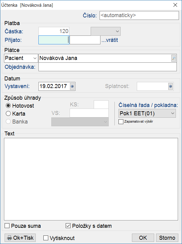 Vystavení účtenky s odesláním hlášení EET Vystavení účtenky probíhá jako doposud nejčastěji z účtu pacienta.