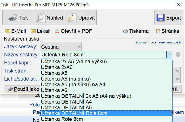 Tisk dokladu Účtenka či daňový doklad musí obsahovat údaje z konfigurace EET pokladny a atributy FIK (Fiskální identifikační kód) a BKP (Bezpečnostní kód poplatníka) obdržené v rámci komunikace se