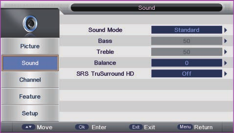 Základní ovládání 5.7. Menu Sound (Zvuk) Stiskem SETUP zobrazte hlavní menu a tlačítky v/v vyberte Sound (Zvuk).