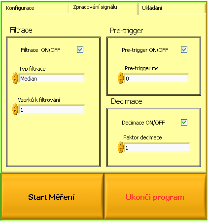 44 Obrázek 6.3: Nastavování parametrů měření zpracování signálu Funkce decimace umožňuje zmenšit vzorkování po splnění podmínek spouště.