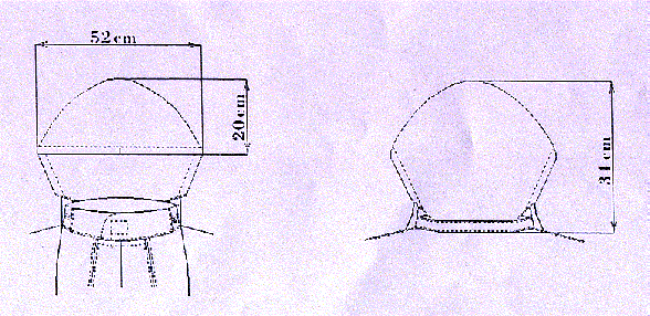 13. Orientační nákresy a rozměrové tabulky : Kapuce orientační nákres s rozměry : Tabulka kontrolních měr kombinézy ohnivzdorné v cm (tol. 2%).
