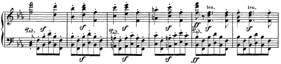 Závěrečná oblast je tvořena dvěma myšlenkami: (a) je fanfárový typ odvozený z hlavního tématu, (b) je výrazně alterovaná melodie.