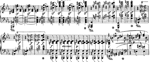 Samotný vrchol provedení představuje výrazně disonantní souzvuk, který je součástí velmi komplikované harmonie viz přehled v tabulce.