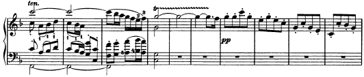Důležitým prvkem je, že se tyto fráze opakují dvě za sebou, druhá se však tóninovým skokem posunuje do vrchní nebo spodní chromatické terciové příbuznosti (B-Dur D-Dur, G-Dur E-Dur).