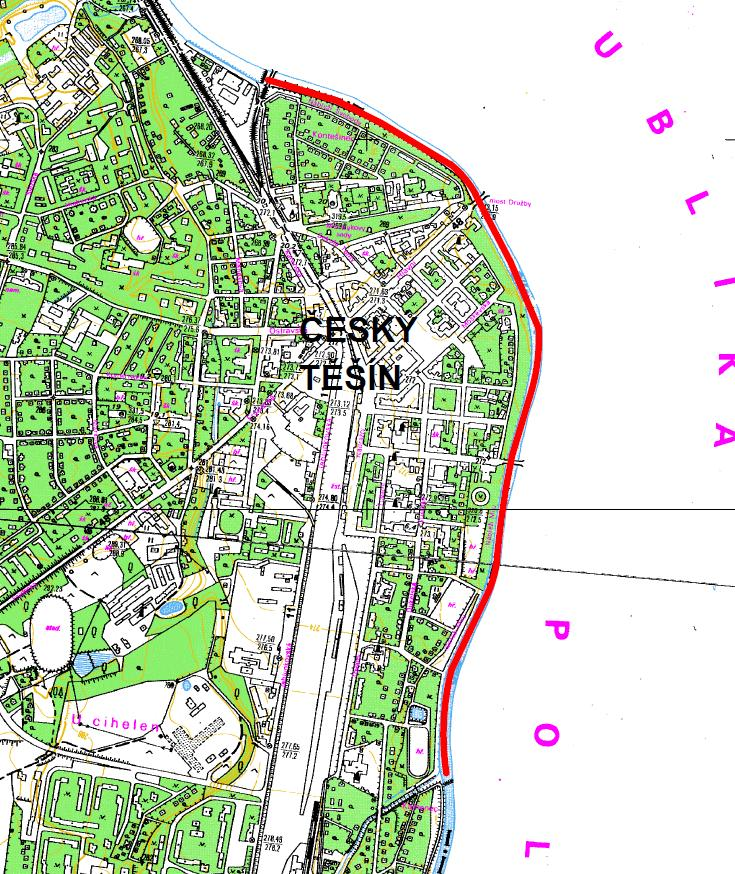 3 Popis zkoumaného úseku Zájmovým úsekem toku je část řeky Olše protékající centry Českého Těšína a Těšína, vymezené na dolním úseku železničním mostem (ř. km 36.