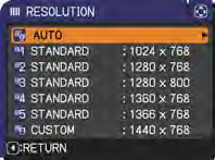 Nabídka INPUT Položka RESOLUTION Popis U tohoto projektoru lze nastavit rozlišení pro vstupní signály COMPUTER IN1 a COMPUTER IN2.