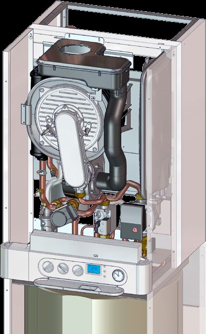 KOTLE THERM kondenzační kotle s integrovaným zásobníkem TV SESTAVA KOTLE 11 1 - Kondenzační komora 2 - Ventilátor 3 - Teplotní sonda topení 4 - Expanzní nádoba topení 1 4 5 - Tlakový spínač 6 -