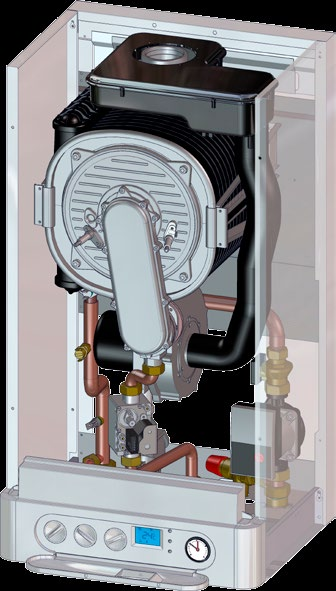 KOTLE THERM kondenzační kotle pro vytápění SESTAVA KOTLE 1 - Kondenzační komora 2 - Ventilátor 3 - Teplotní sonda topení 1 4 - Mixér 5 - Havarijní termostat 6 - Energeticky úsporné čerpadlo 7 -