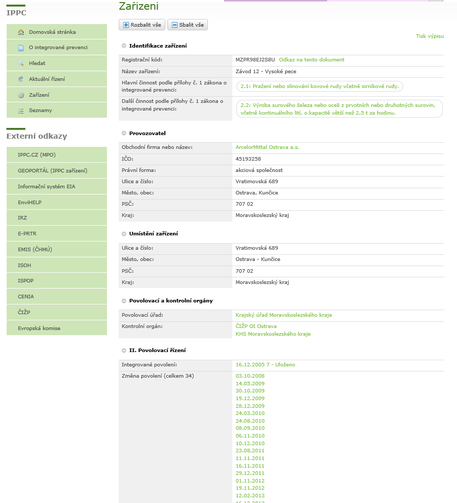 Integrovaná povolení na webu Evidence integrovaných povolení jednotlivá rozhodnutí i