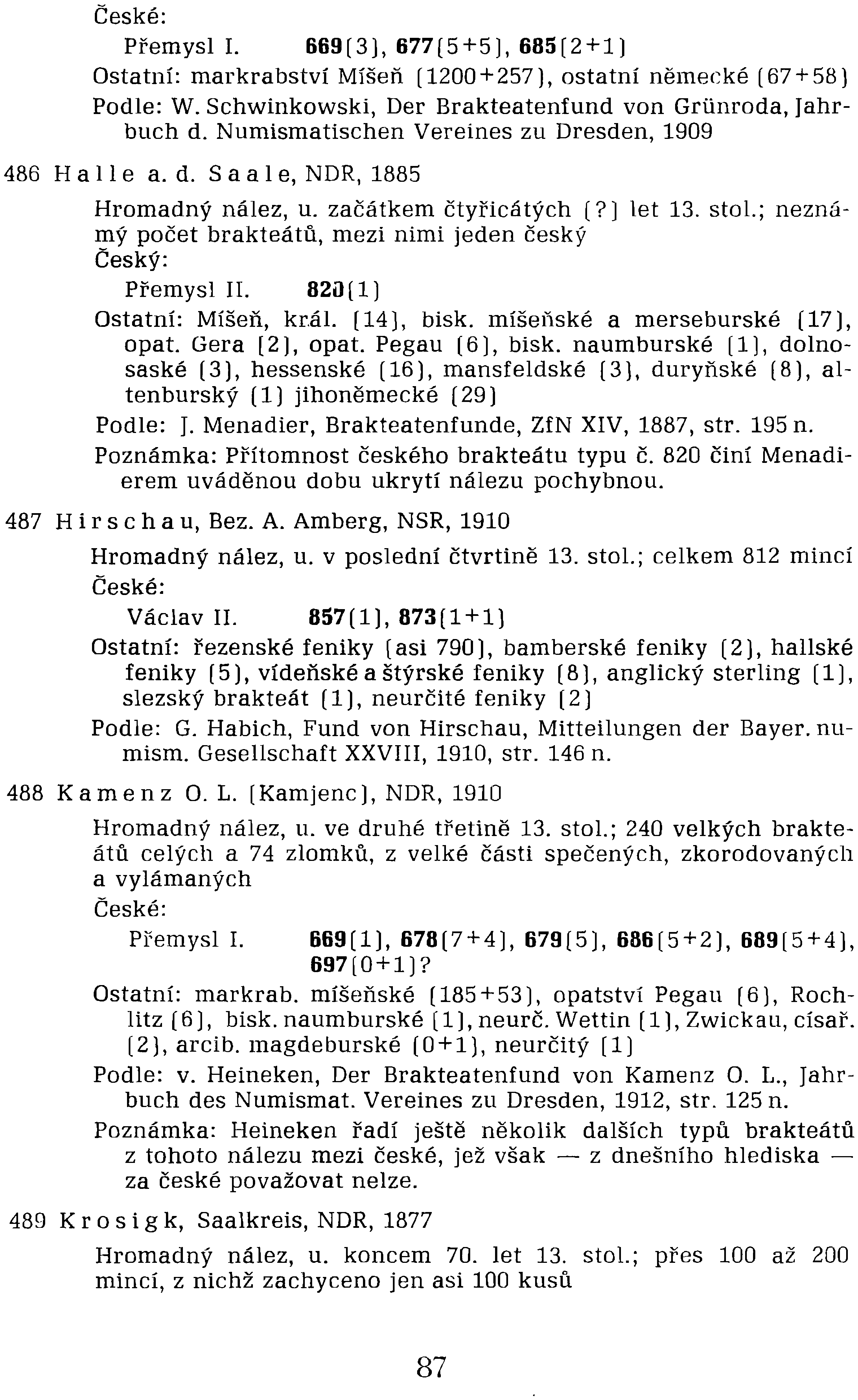 České: Přemysl I. 669(3), 677[5+5), 685[2+1) Ostatní: markrabství Míšeň [1200+257), ostatní německé [67+58) Podle: W. Schwinkowski, Der Brakteatenfund von Grlinroda, [ahrbuch d.