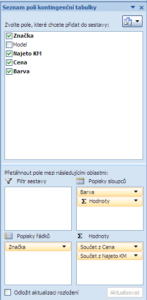 chtěl navíc záhlaví sloupců, mohl bych použít třeba pole Barva, které by členilo ceny vozů podle barvy do čtyř sloupců. Obr. 23 Seznam polí kontingenční tabulky Tabulka je hotová.