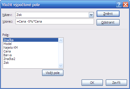 Obr. 28 Vložení výpočtového pole Nyní se v tabulce objevilo nové pole (sloupec), kde vidíme zisk, který již neobsahuje 5 % z původní částky. 7.3.6.