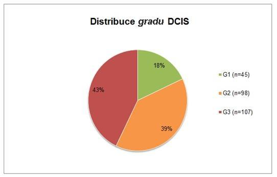 Obr. 15 Distribuce jednotlivých ložisek DCIS podle velikosti. Hraniční hodnoty byly zvoleny analogicky k VNPI skóre.