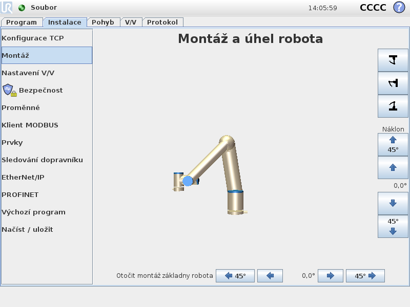 13.7 Instalace Montáž UPOZORNĚNÍ: Používejte správná nastavení instalace. Soubory instalace ukládejte a načítejte spolu s programem. 13.7 Instalace Montáž Zde lze zadat údaje o umístění ramene robota.
